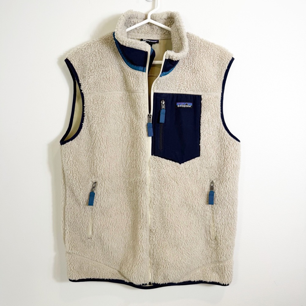 Patagonia Retro-X Vest Mens Large Natural Navy Blue Fleece Deep Pile